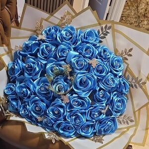 Hand Crafted Bright Blue Satin Rose Bouquet with Gold Accents
